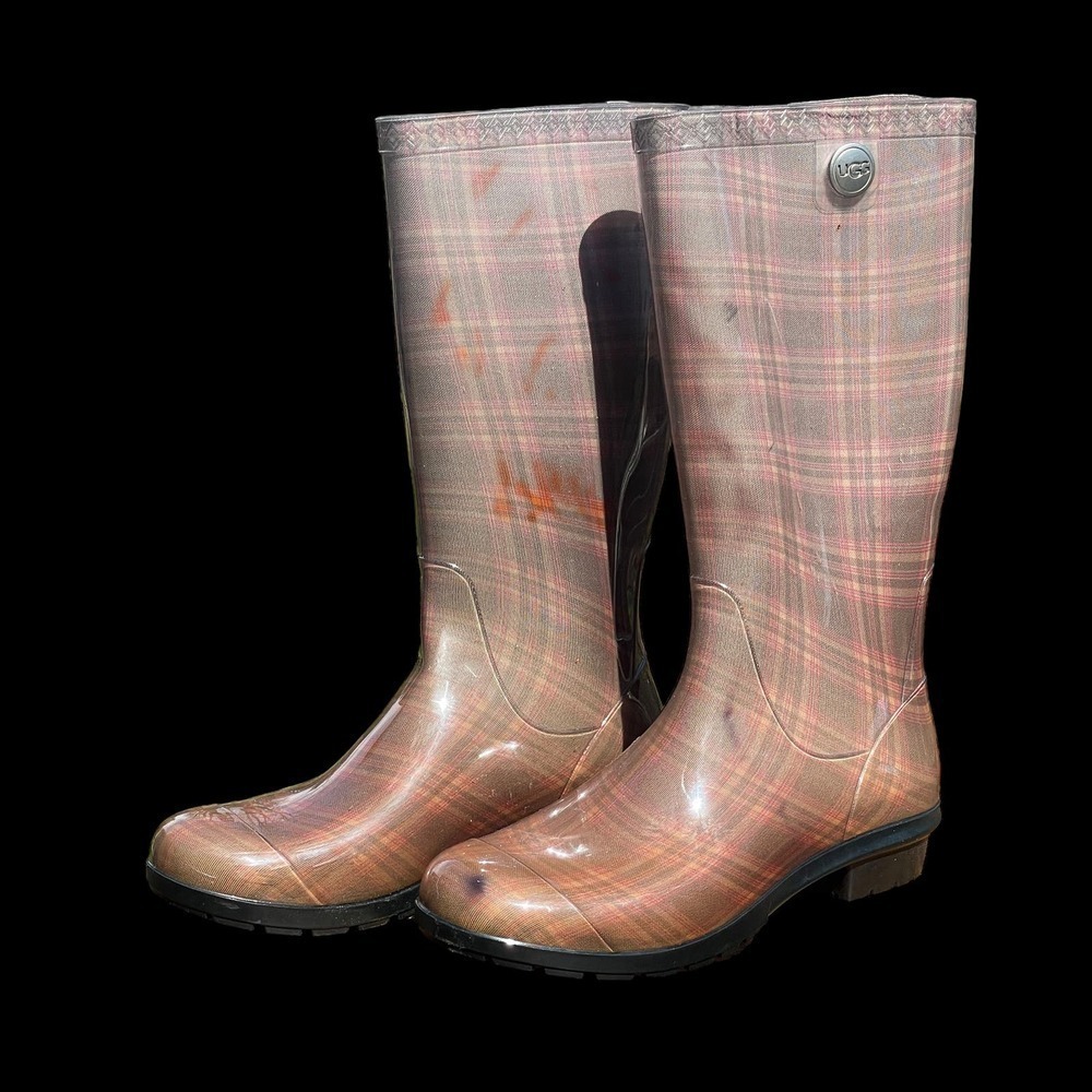 UGG Shaye Pink/Brown Plaid Rain Boots
